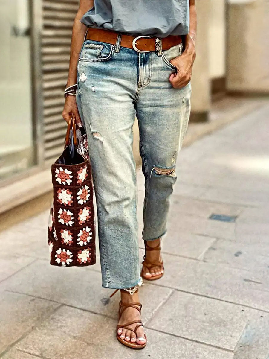 Vintage-Inspired Wash Distressed Straight-Leg Jeans