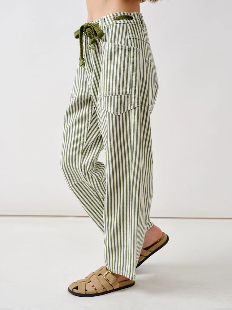 Railroad Stripe Relaxed Fit Barrel Pants - Clearance Sale