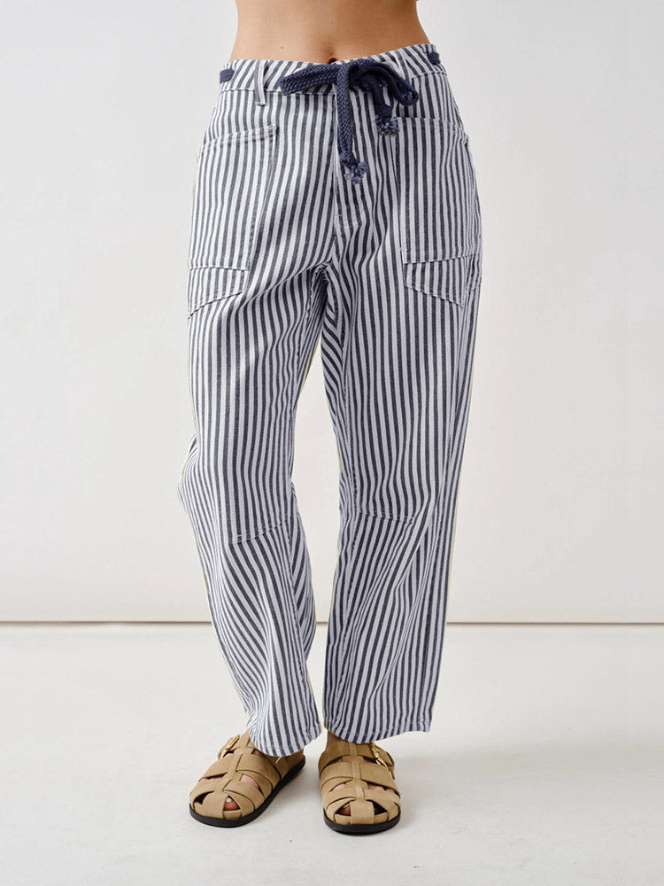 Railroad Stripe Relaxed Fit Barrel Pants - Clearance Sale